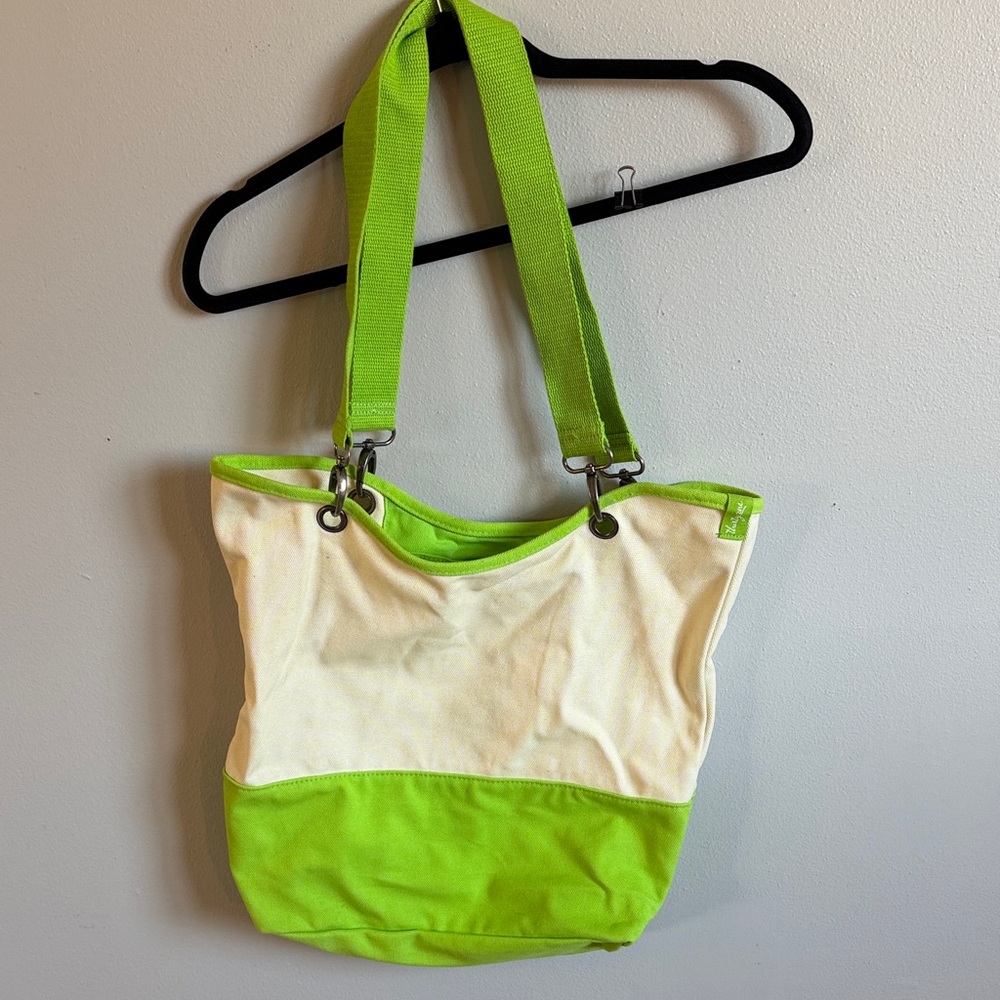 Thirty One Large Canvas Crew Tote Bag Lime Green & Cream Oversized, Weekend Tote